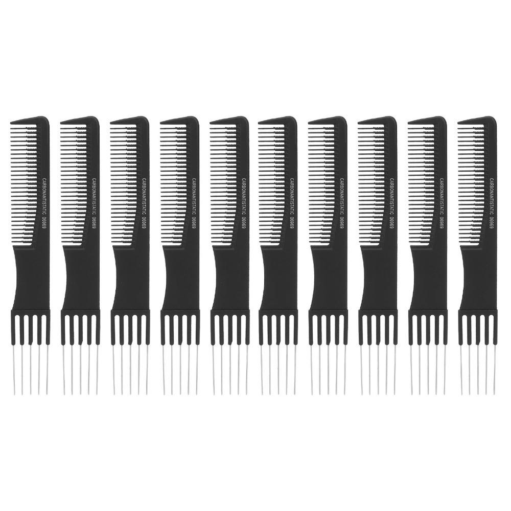 10pcs Metal Carbon Lift Teasing Combs Black Color Professional Hairdressing Tools 19.5cm Length Fine Teeth Design