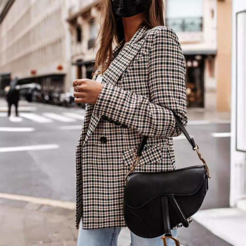 Tooxika Women's Autumn And Winter New Retro Double-breasted Plaid Print Small Suit Women's Mid-length Coat