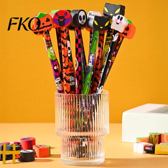 Ghost Pencils 12 Pcs Halloween with 3D Skull Pumpkin Cat Erasers, Holiday Writing Wood Bulk for Goodie Bags, School Classroom Rewards Supplies
