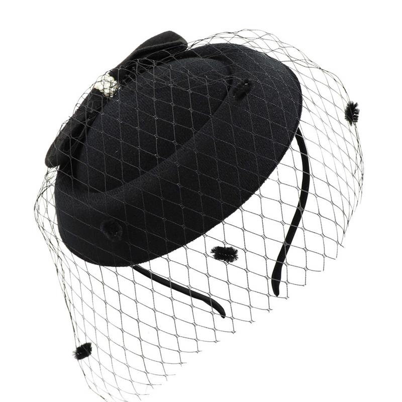Black Mesh Headdress Stewardess Hat French Temperament Pearl Bow Hair Clip For Women