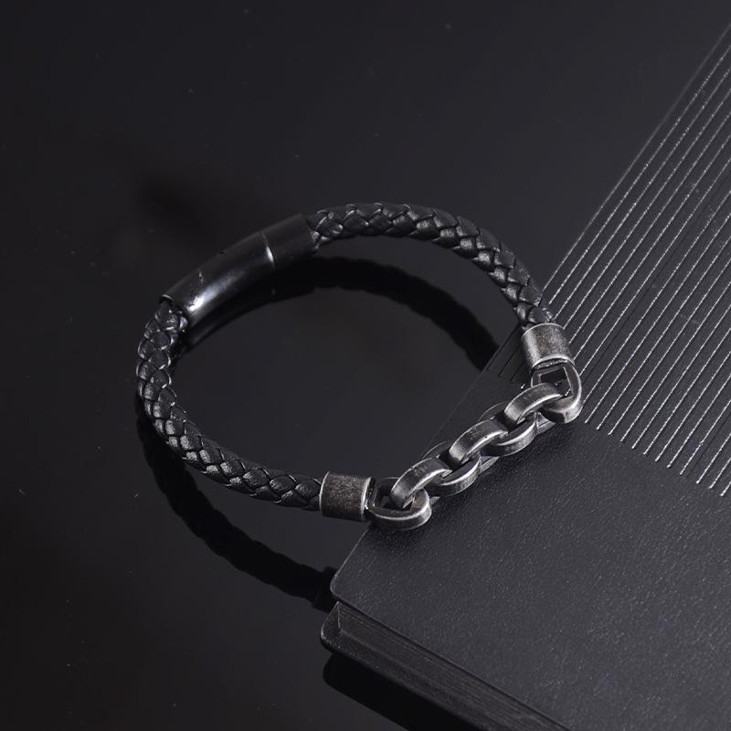 Retro-style Creative Leather Woven Bracelet for Men, Stainless Steel Leather Rope Wristband