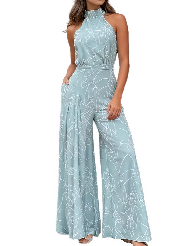 Summer Style Women's Sleeveless Printed Jumpsuit with Tie-Up Wide-Leg Pants