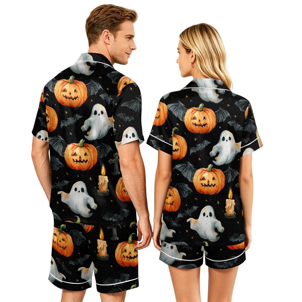 Couples Halloween Pajama Set Short Sleeve Button Down Shirt and Shorts Pajamas Soft Casual Sleepwear S To XXXXL Matching Loungewear