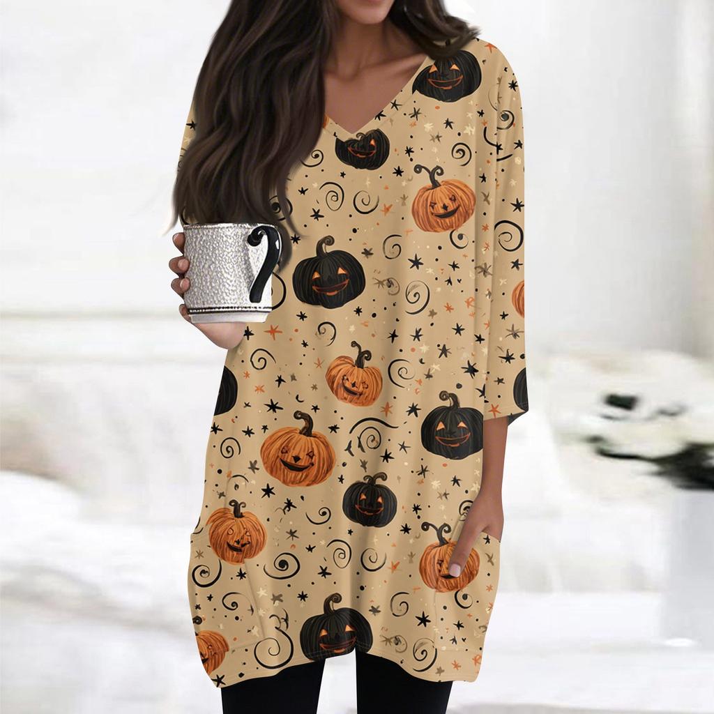 Womens's Fashion Casual Halloween Print V-neck Mid Length Pocket 3/4 Sleeve Top