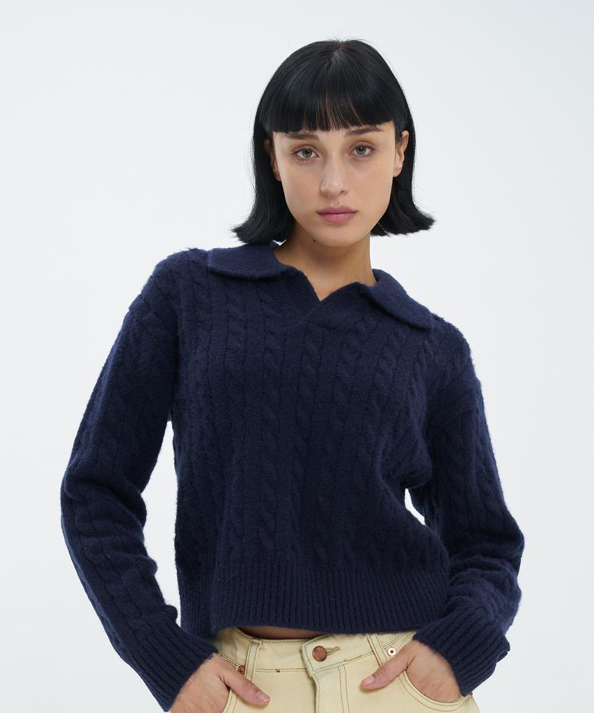 BLOND9 Cable Open Collar Knit_Navy