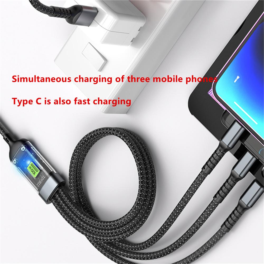 3-in-1 USB 100W Fast Charger Cable Car USB To Type-C Micro LIGHTNING Cable For iPhone 16 15 14 13 Samsung Xiaomi Huawei