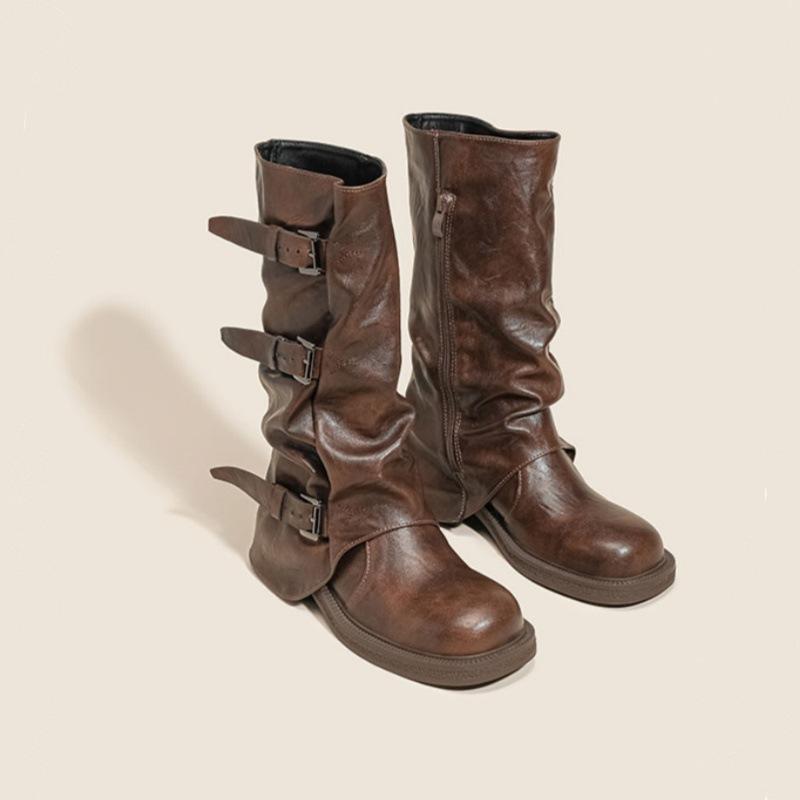 Soft Leather~ Wasteland Wind Boots Women's Black Vintage Pleated Pile Boots Martin Boots Belt Buckle Medium Pants Tube Boots Tide