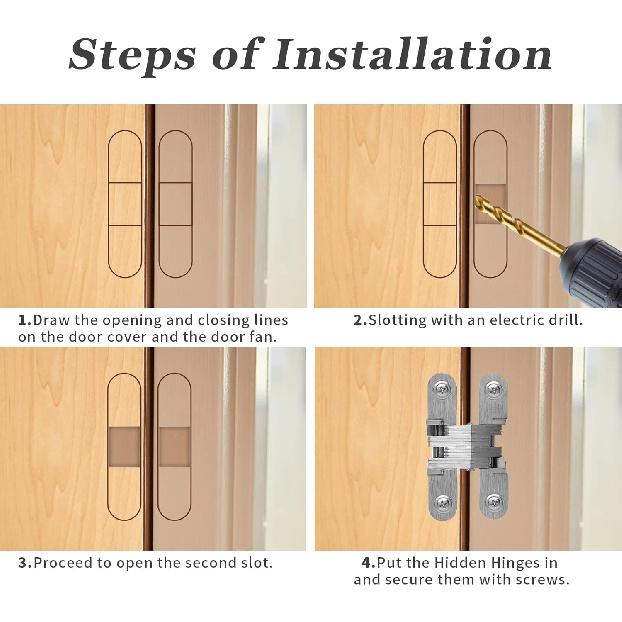 1-3/4" Hidden Hinge Stainless Steel 180 Degree Invisible Cross Hinges for Kitchen Cabinet Door Frameless Concealed Hinge with Screws, 4pcs