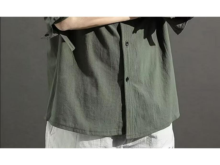 2024 Men's Japanese-Style Casual Stand Collar Shirt - Three-Quarter Sleeve, Loose Fit, Cotton & Linen