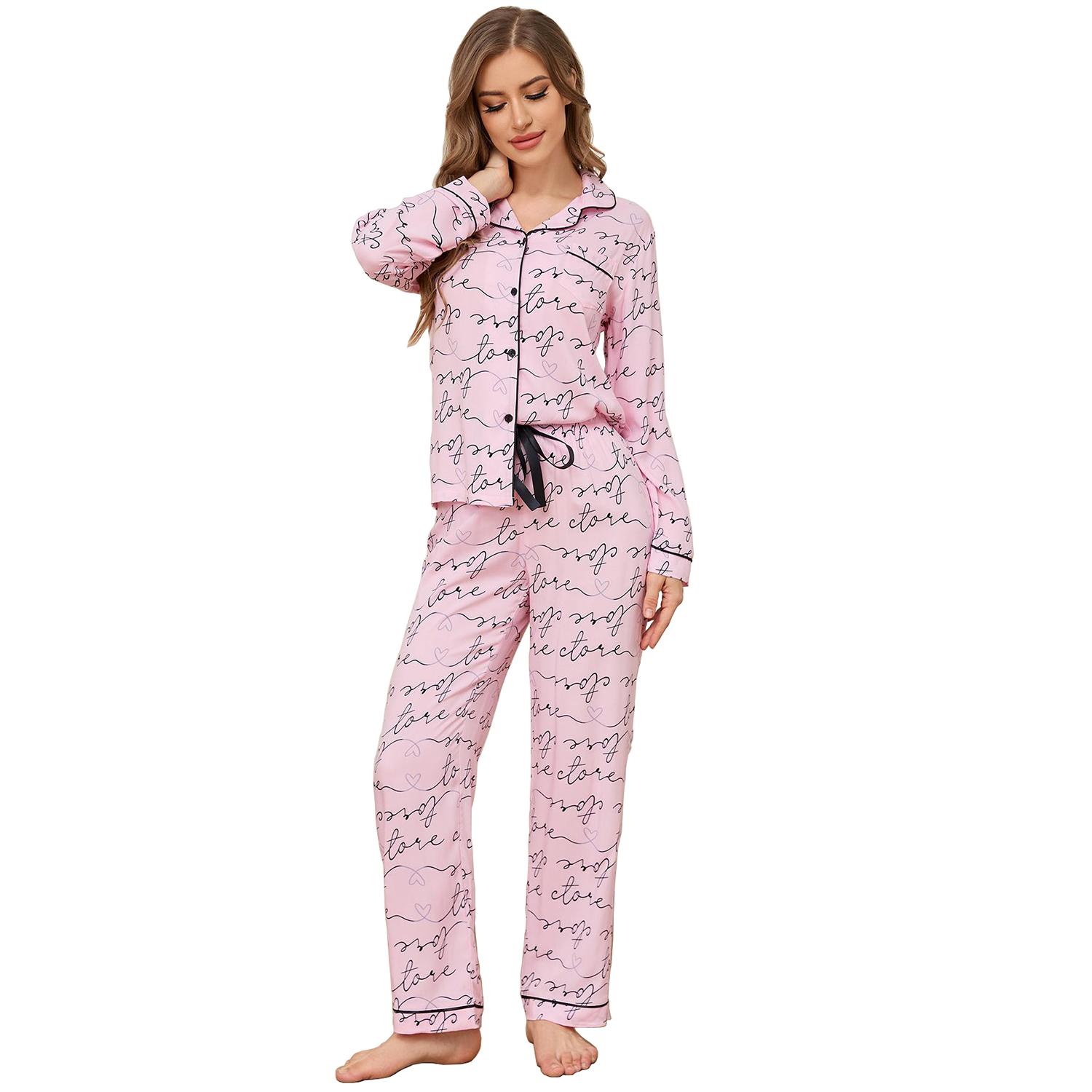 

Женские пижамы Костюмы для сна ОЛЕНЬ Район Принт букв Рубашка и брюки Розовый Черный Одежда для сна и отдыха Осень Домашняя одежда XL розовый