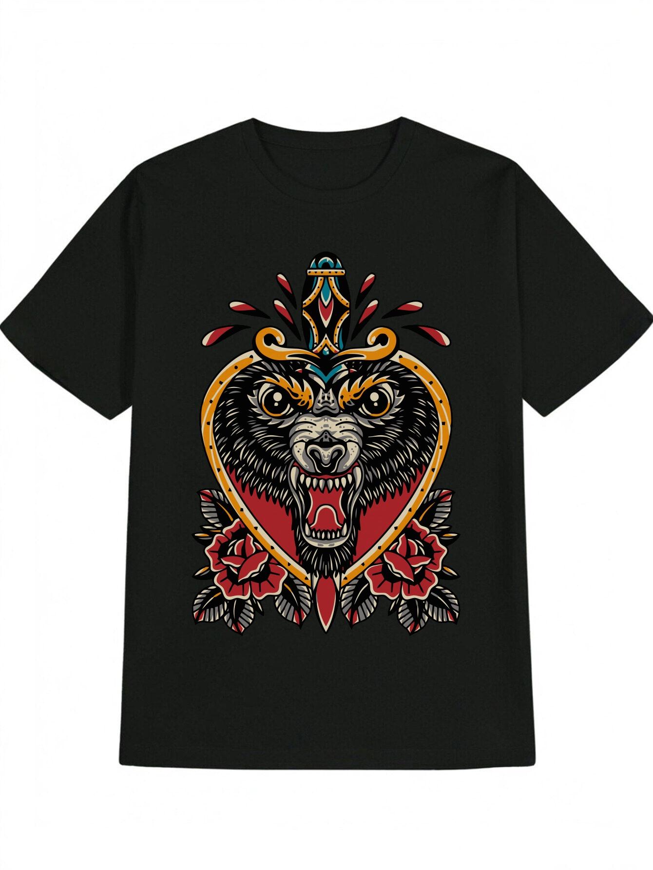 Casual Graphic T-shirt - Black Wolf & Floral Print Design S