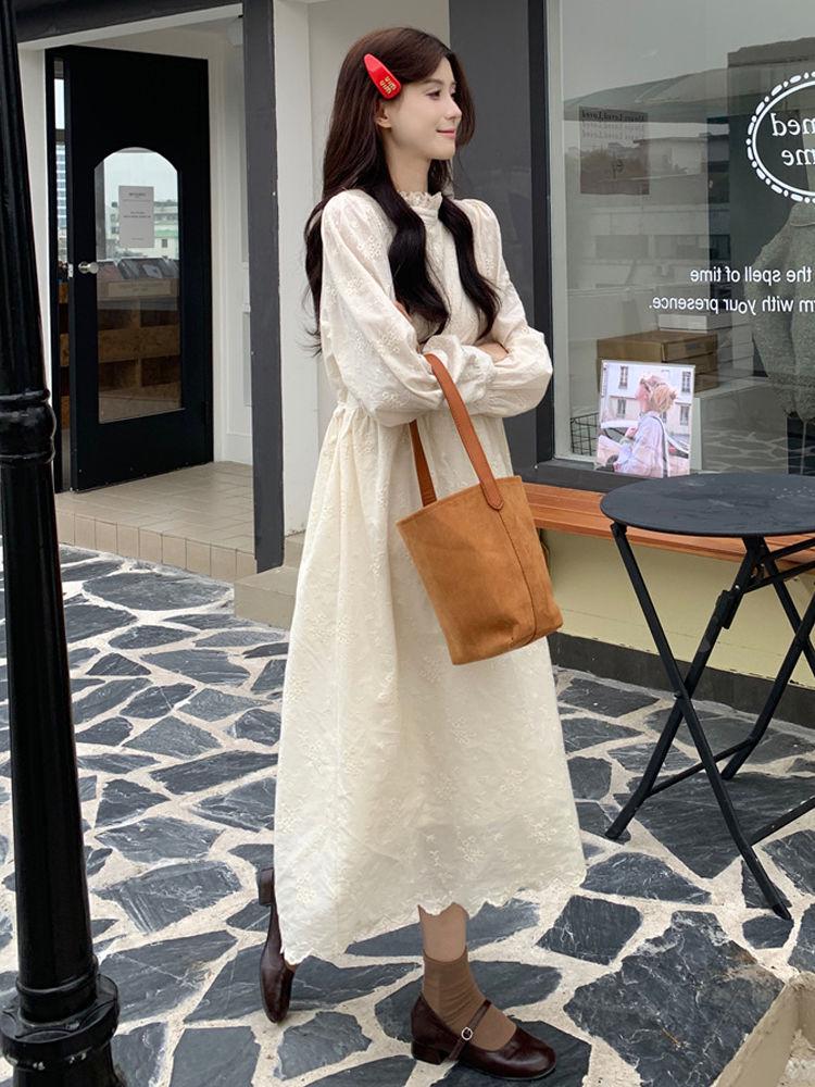 Women's Fleece-Lined Lace Trim High Neck Dress - Autumn/Winter Style, High Waist Slimming Base Layer, French Long Dress