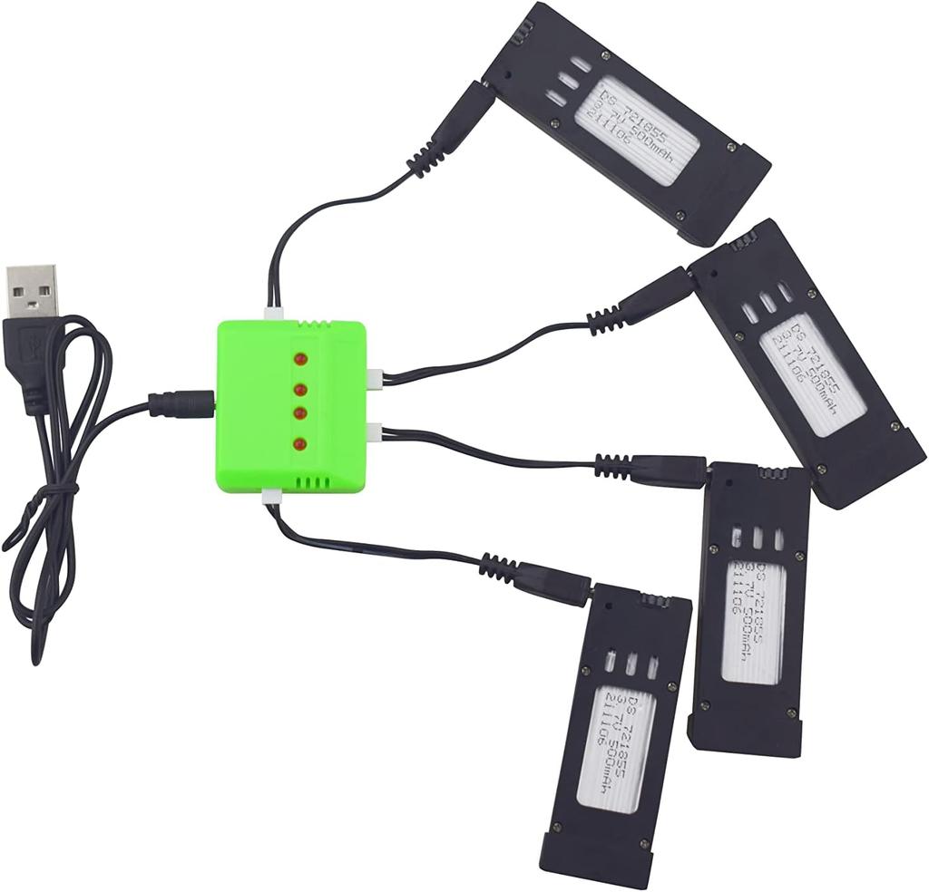 Lot de 4 batteries LiPo 3,7V 500mAh avec chargeur USB 4-en-1 – Kit d'alimentation à charge rapide pour drones et quadcoptères RC E58, S168, JY019