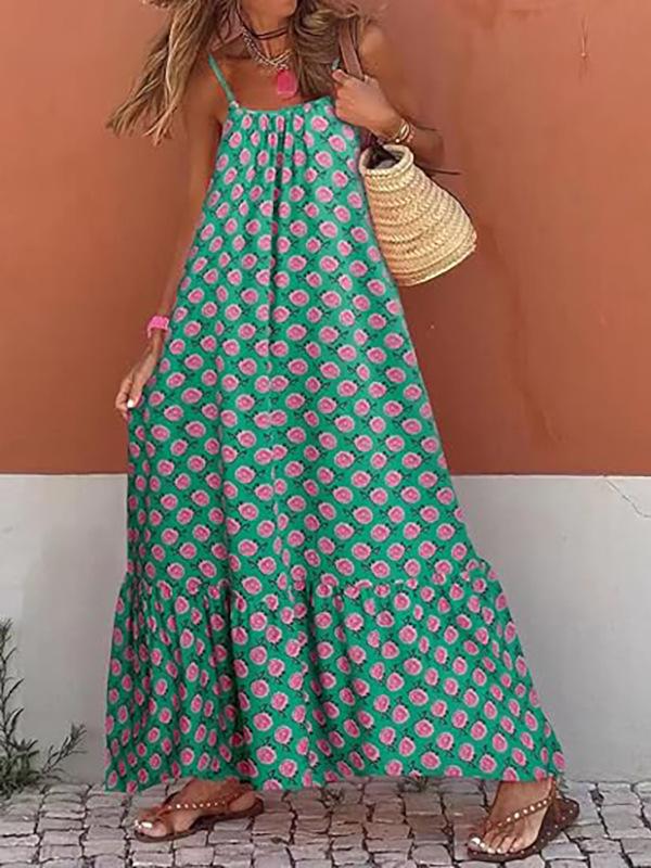 Böhmisches Langkleid mit Rüschenkante, Spaghettiträgern und V-Ausschnitt