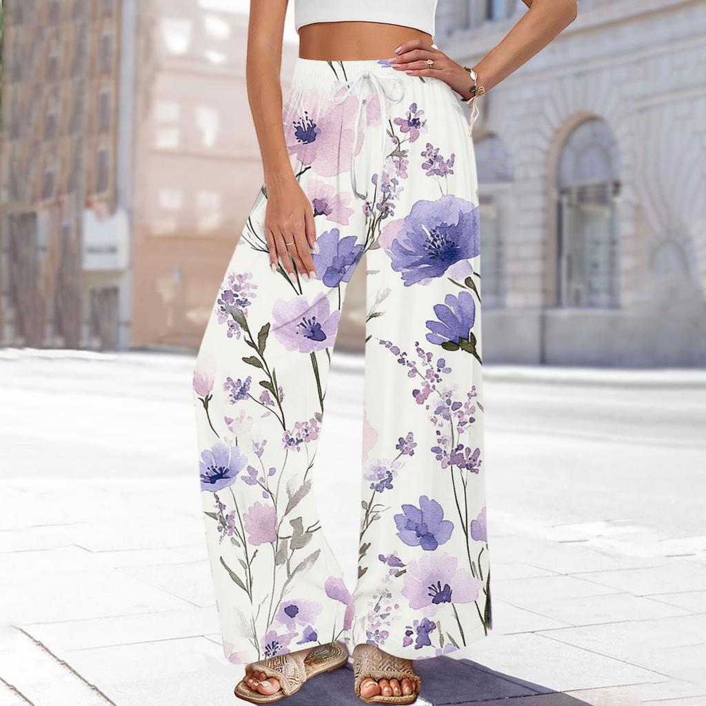 Women's Printed Wide Leg Pants With Pockets High Waist Drawstring Loose Casual Pants