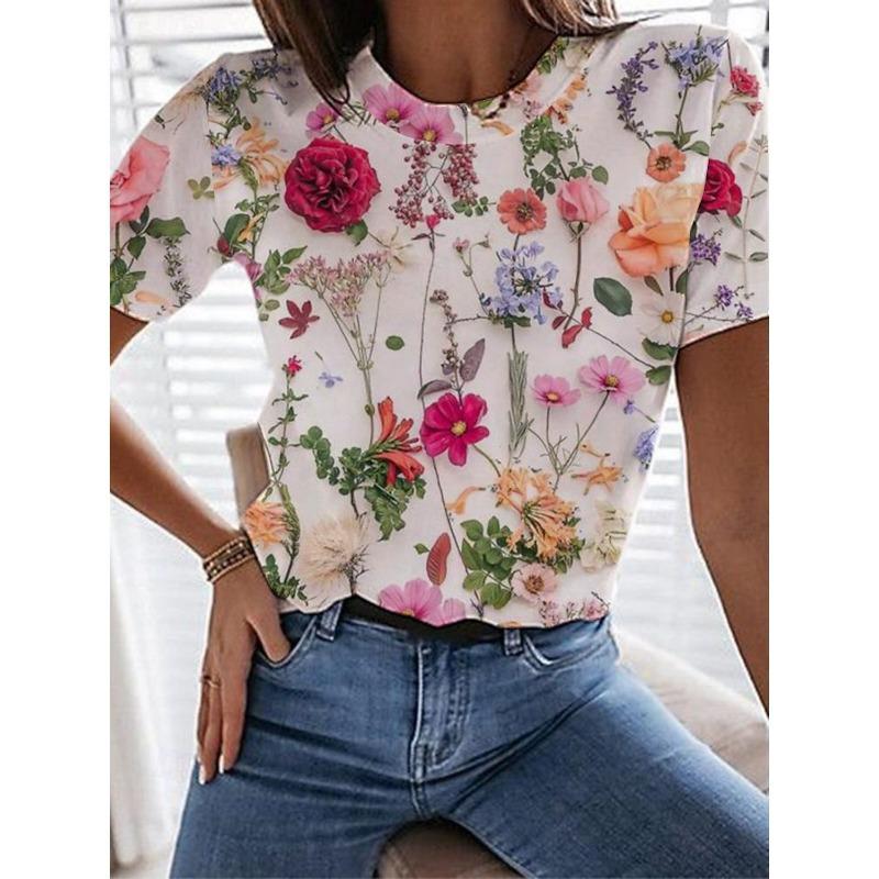 Trendy Fresh Flower 3D Printed Short Sleeve Women's Summer Round Neck T-shirt