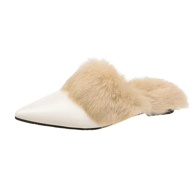 Fashion Fashion Winter Plush Women Mules Slippers Slip On Warm Woman Slipper Faux Fur Flat Shoes Pointed Toe Female Ladies Shoes