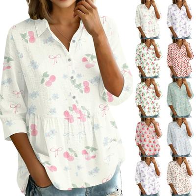 Damen Knopfleisten-Hemd Vintage Blumenprint Dreiviertelärm Lockerer Schnitt Bluse mit Kragen Lässiges Oberteil für den täglichen Gebrauch