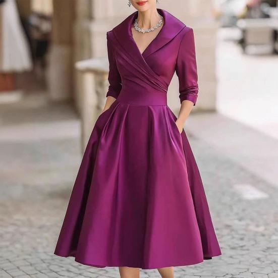 Women's Lapel V Neck Work Dress Long Sleeve A Line Swing Dress Formal Business Office Midi Blazer Dress
