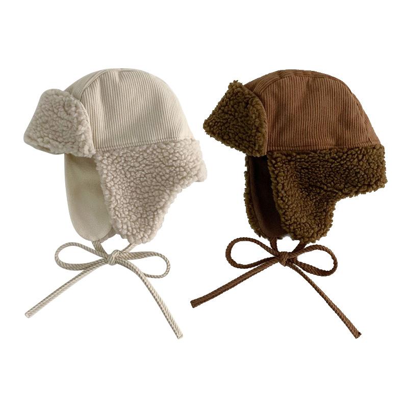 Retro Winter Kids Hat for Boys Lamb Wool Lei Feng Hats Thicken Warm Ear Protection Cap Baby Girls Accessories Solid Color