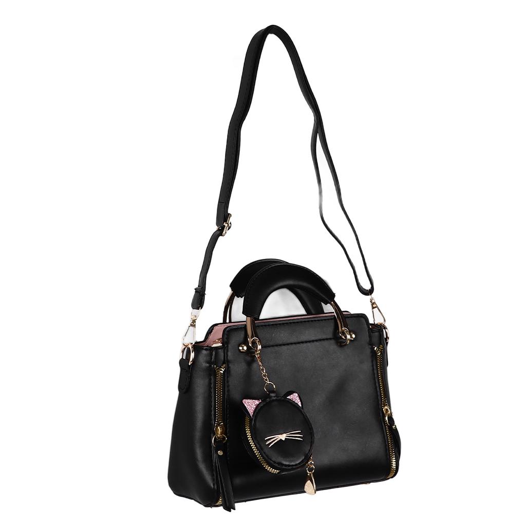 Damen Handtasche mit Schultergurt Münzbörse PU Leder Reißverschluss Mehrzweck Handtasche Stilvolle Umhängetasche Schwarz Kostenlos
