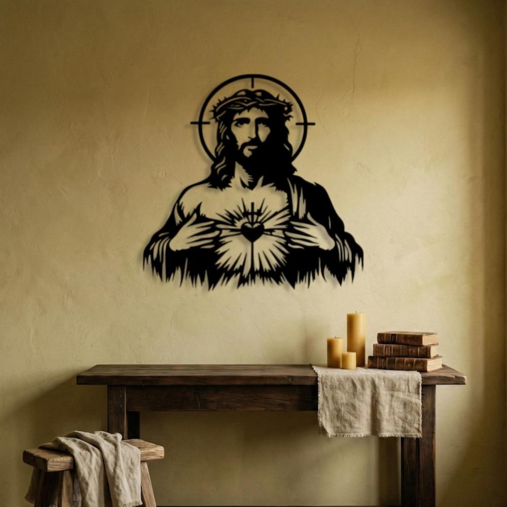 Black Metal Sacred Heart Wall Art, Catholic Jesus Sign, Christian Religious Home Decor, Spiritual Gift for Believers