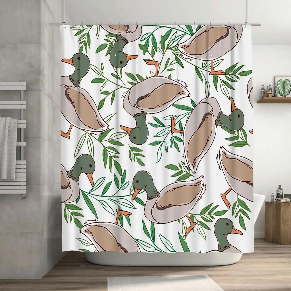 Colorful Duck Pattern Shower Curtain Bathroom Decor Green Leaves White Fabric Waterproof Home Decoration