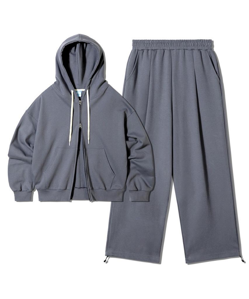 Granfinny Two-Way Oversized Zip-Up Hoodie + One-Pleat Two-Way Drawstring Training Pants Set - Gray
