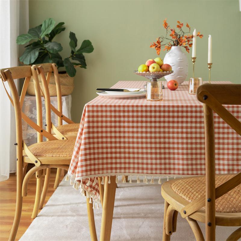 Linen Cotton Check Fringe Tablecloth Simple Rectangular Dining Table Cover