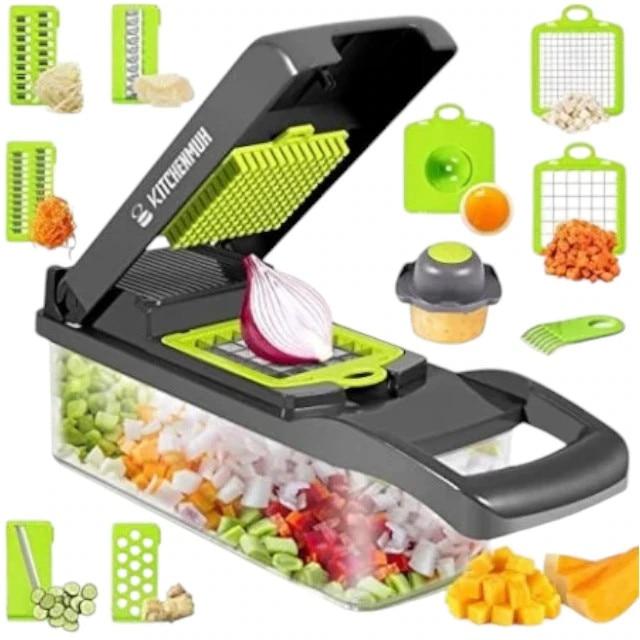 14-Piece Multifunctional Vegetable Chopper, 7 Blades, Green Accessories, PENDAN