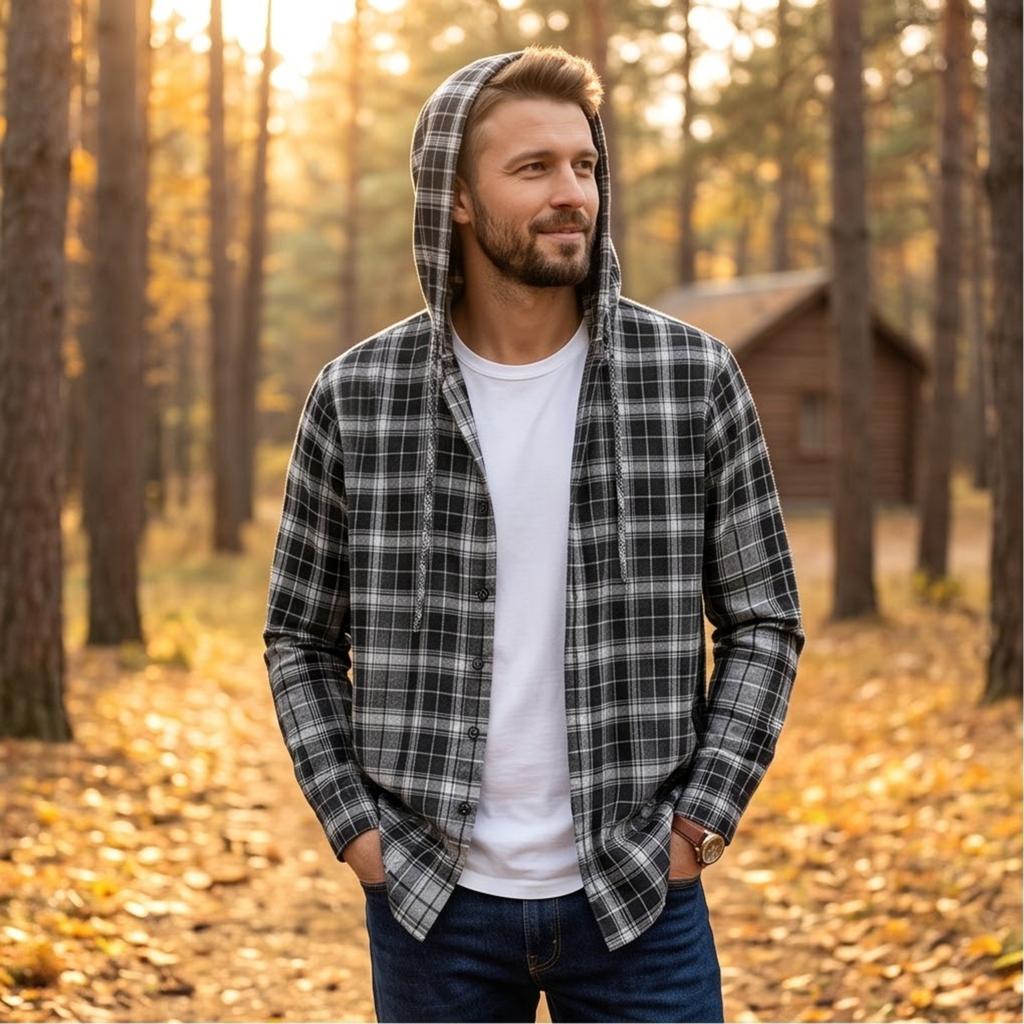 Men's Retro Casual Lightweight Loose Fit Plaid Hooded Long Sleeve Sun Shirt