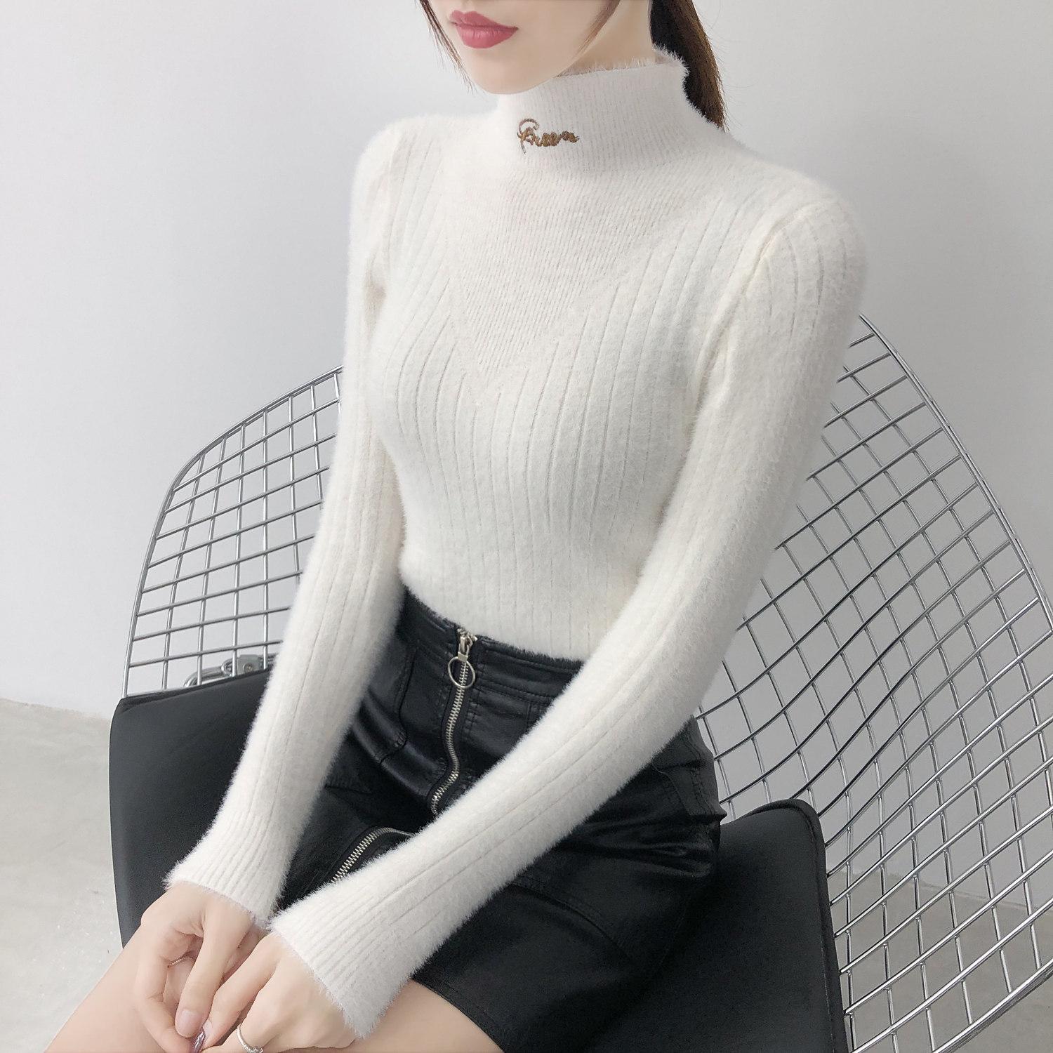 

Нечеткий свитер для женщин, свитера из мохера, пуловер, свитер 2022, осень-зима, однотонный, с вышивкой букв, водолазка, теплый свитер One Size белый