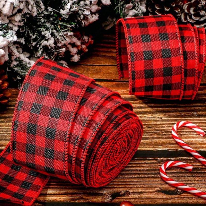 180in Red and Black Buffalo Plaid Burlap Ribbon, Christmas Ribbon Red and Black Plaid Christmas Wrapping Crafts Ribbon for Gift Wrapping Supplies
