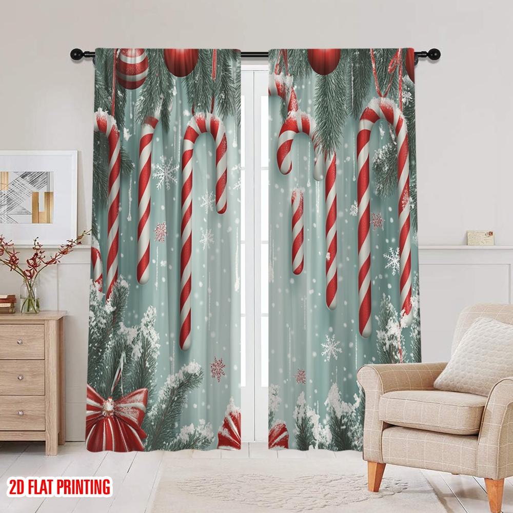 2pcs,2D Plane Printing Curtains Digital Printed Christmas Candy Cane Ornaments Snow (4) Versatile Polyester Fabric (without Rod)