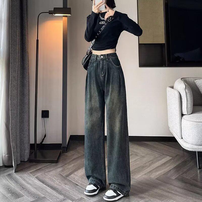 

Женские джинсы с высокой посадкой цементно-серого цвета с широкими штанинами - Маленький размер, Ретро Ностальгический Свободный крой M