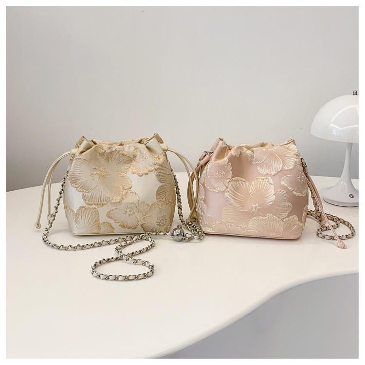 Style Embroidered Bucket Bag With Silk Material For Casual Travel And Daily Use