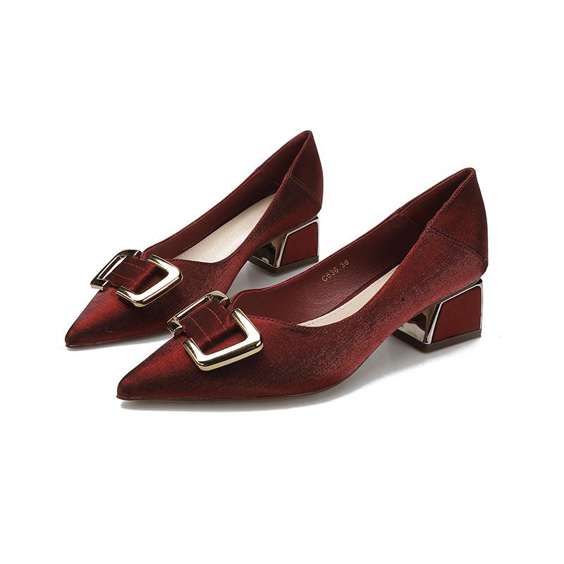Coarse heel single shoes women's middle heel square heel new light mouth satin gentle shoes red wedding shoes pointed high heels