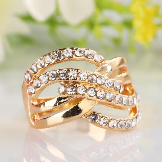 Luxury 9K Gold Plated Alloy Finger Band Rhinestone Inlaid Ring Jewelry Gift