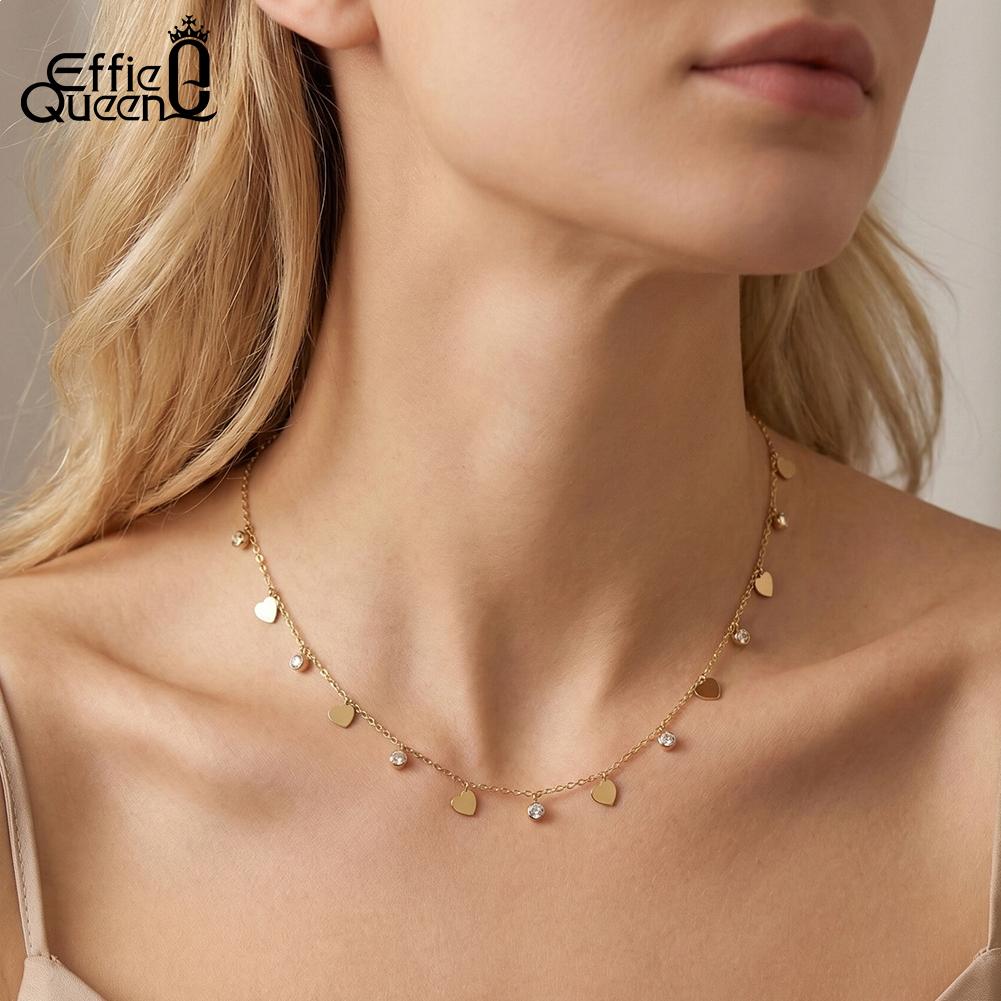 EFFIE QUEEN Stainless Steel Simple Zircon Star Heart Necklace Waterproof Metal Heart Star CZ Collar Choker Chain Jewelry STKN26