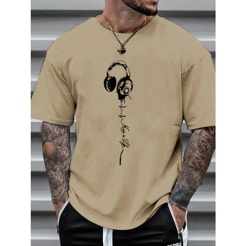 Men's Summer Earphones with Letter Print, Breathable and Comfortable Round Neck T-shirt, Outdoor Sports and Leisure Top