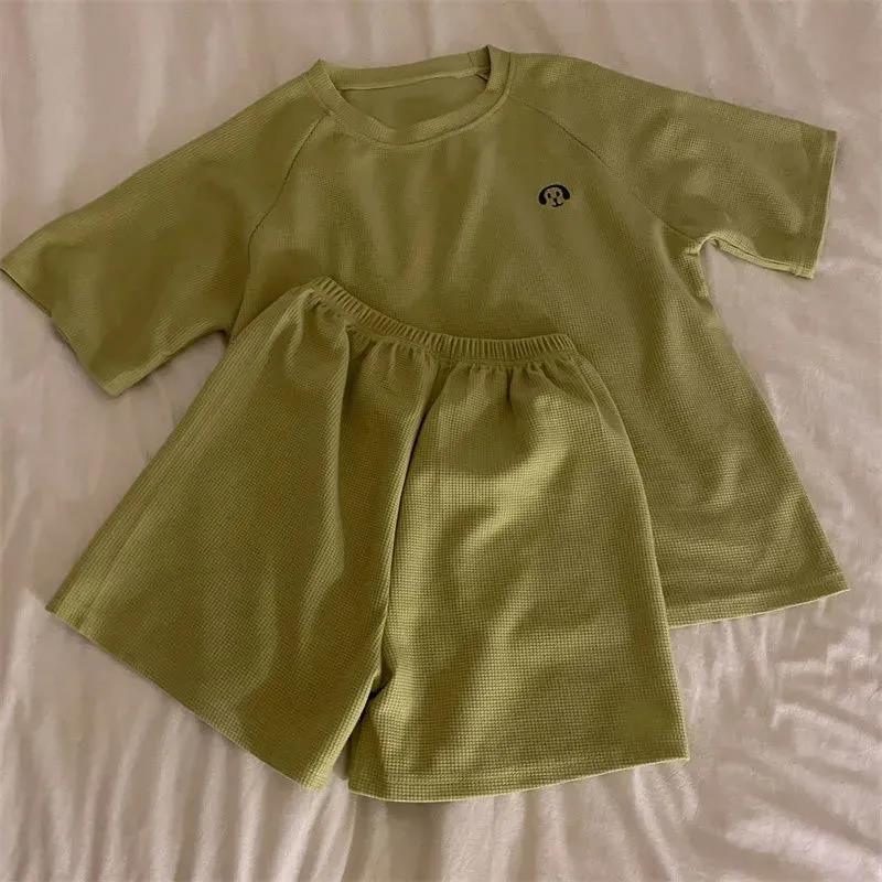 WTEMPO Casual Waffle Fashion Suit Women Summer Oversize Korean Short-sleeved T-shirt + Shorts Letter Embroidery 2pcs Sets