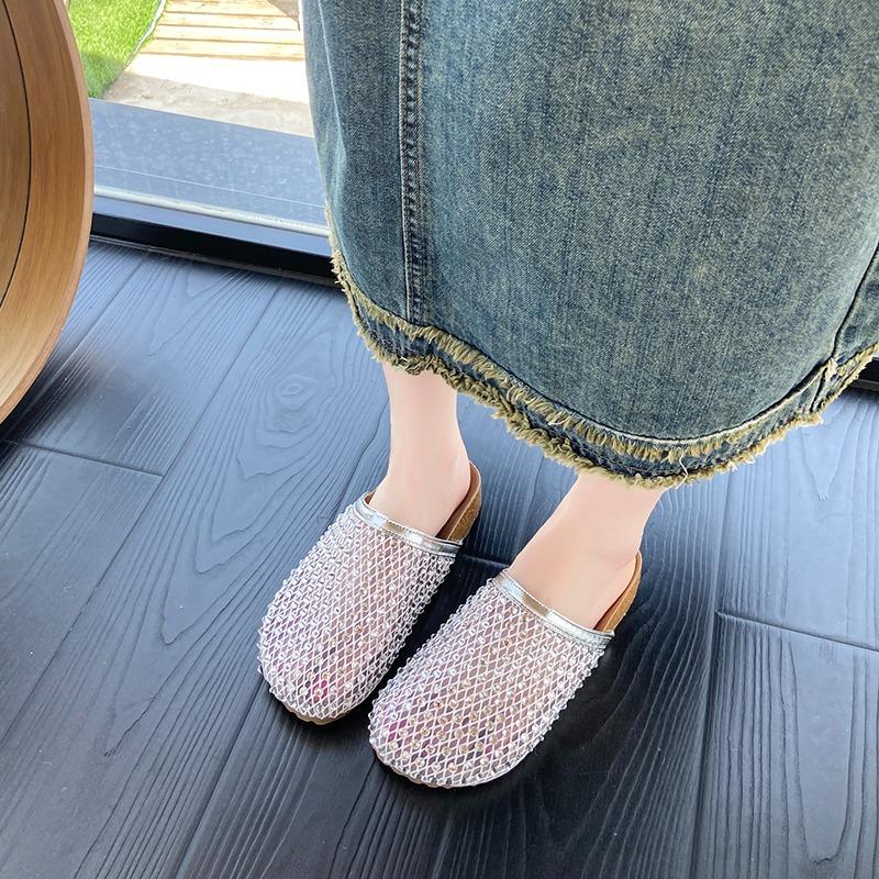 Fashion Platform Baotou Cool Slippers for Women in Summer Wear New Round-toe Feng Rhinestone Mesh Slip-on Non-slip Flat Shoes