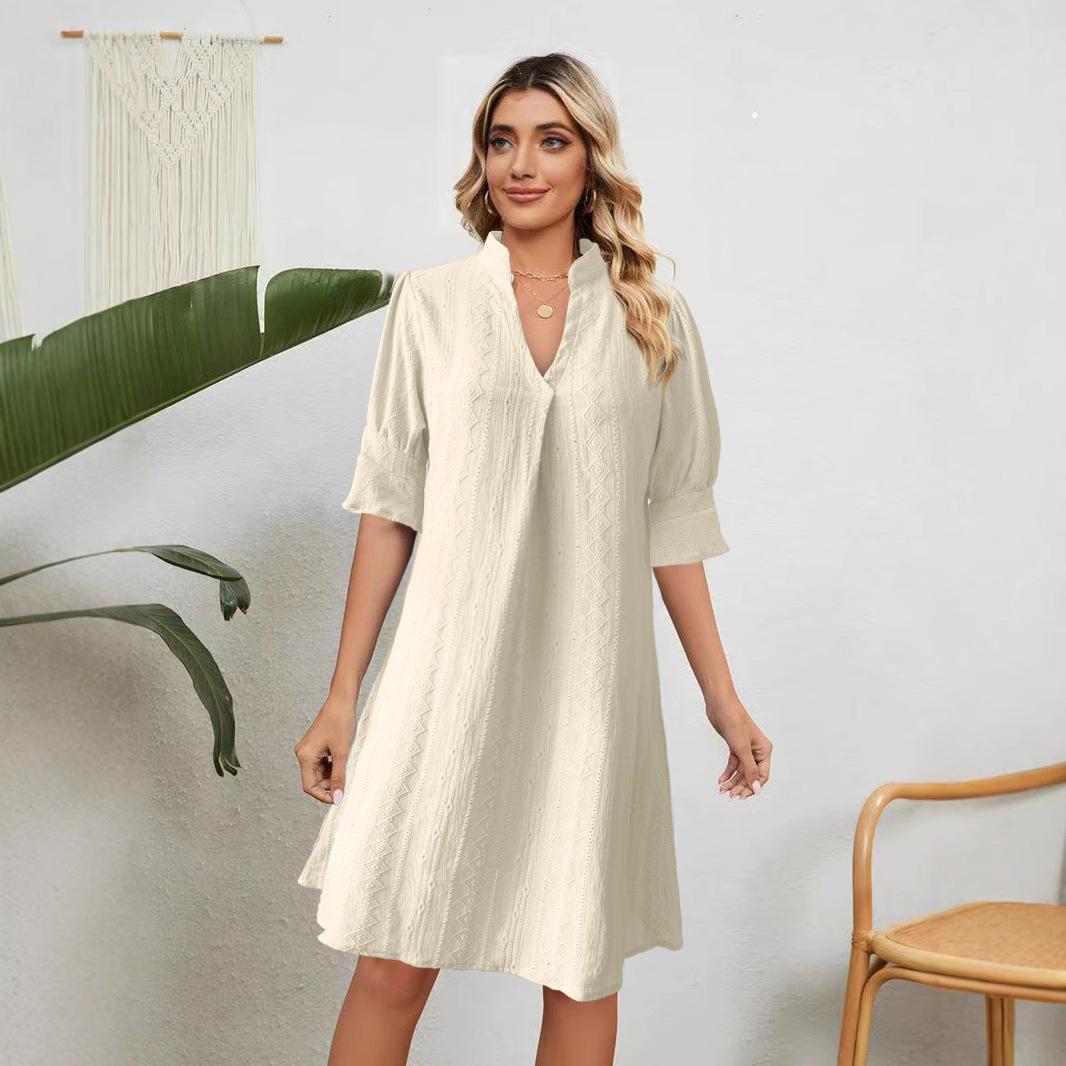 

Женские повседневные платья V-образный вырез однотонное свободное повседневное платье - Плиссированное и стильное 2XL бежевый