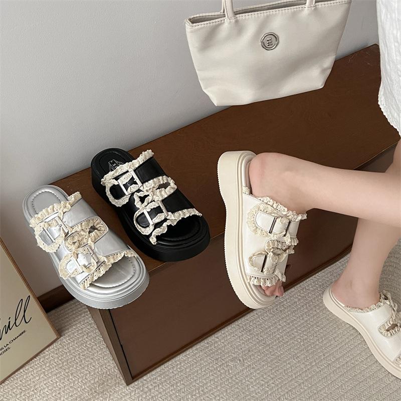 Fashion tassel popular thick-soled one-word slippers women's summer wear 2025 new high-end cool slippers