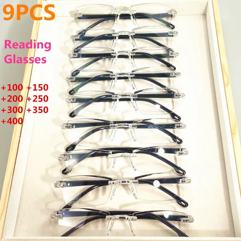 9-Pack Vintage Style Rimless Reading Glasses - Rectangular Frame Blue Light Blocking Anti-Fatigue Unisex Lightweight PC