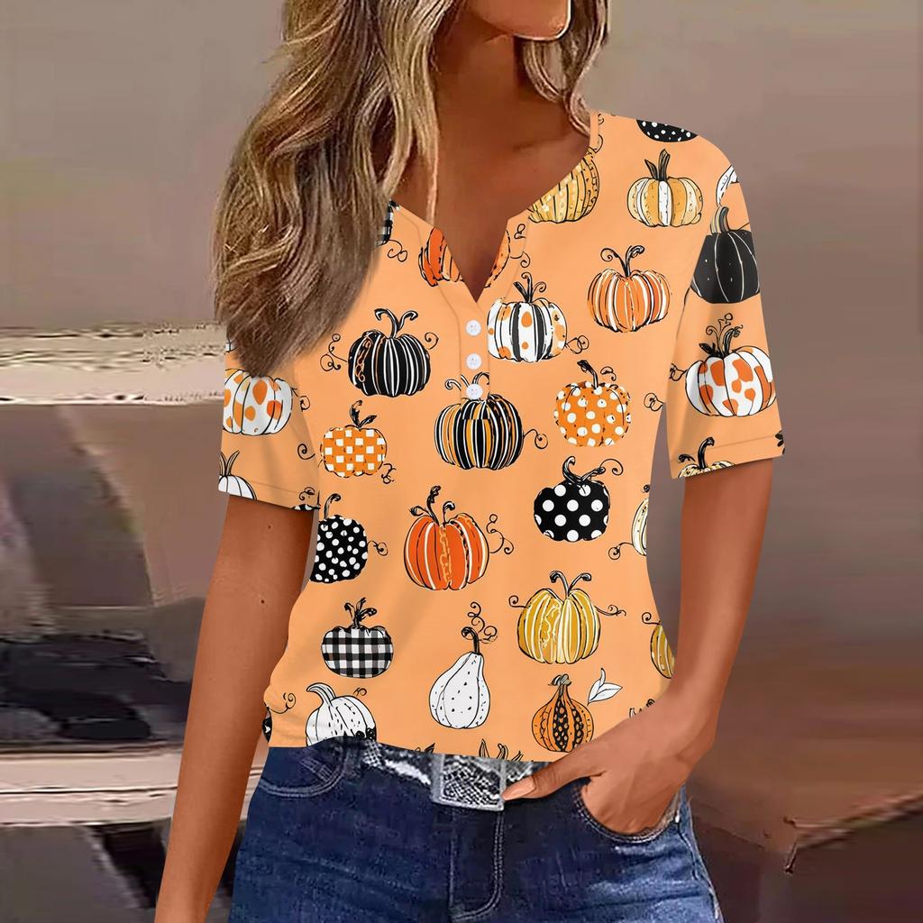 Women's Casual Halloween Print V Neck Short Sleeve Button Down T Shirt Top Lightweight Comfortable Fit