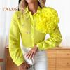 Women Shirt Lapel Long Sleeve Single Breasted Shirt Tops Solid Color Three-Dimensional Flowers Decor Rhinestones Shirt