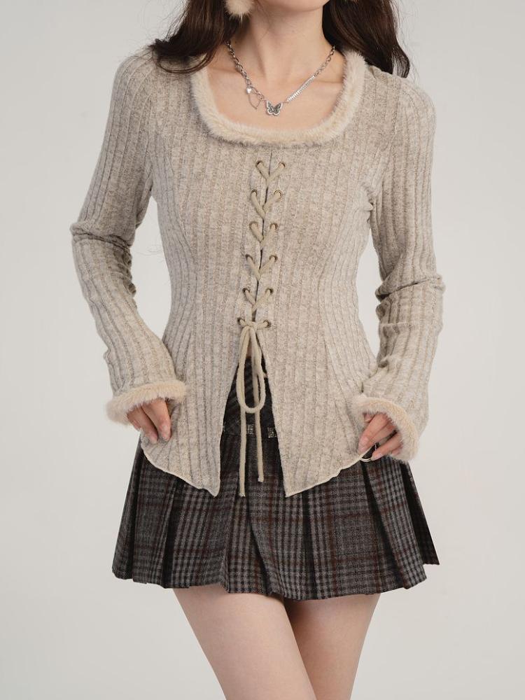 Bandáž Stahovací šňůrka Pletený Cardigan Ženy Podzim Zima Vintage Split Cardigans Korejská móda Y2k Svetry Spodní část Košile Top