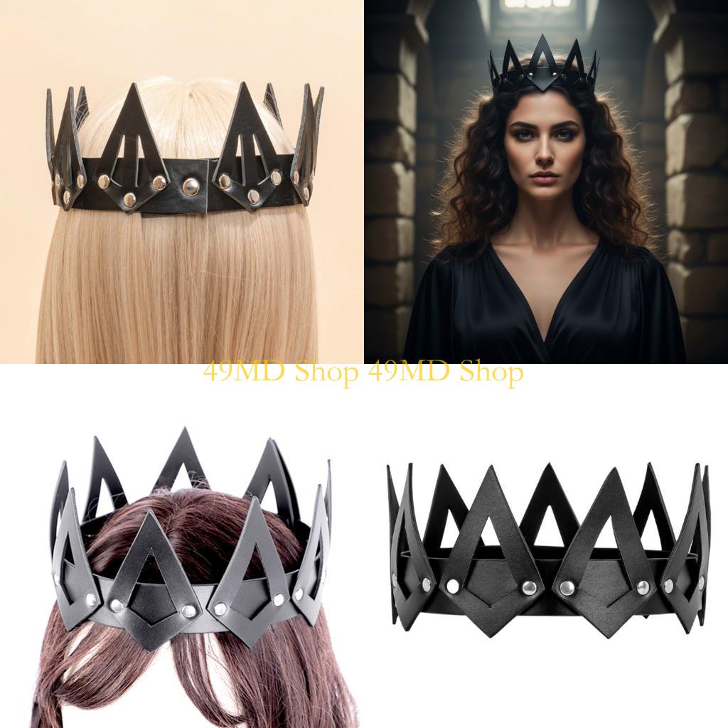 49MD Elegant Leather Queen Crowned Hairband For Women Royal Headpiece For Parties Weddings And Special Occasion CN