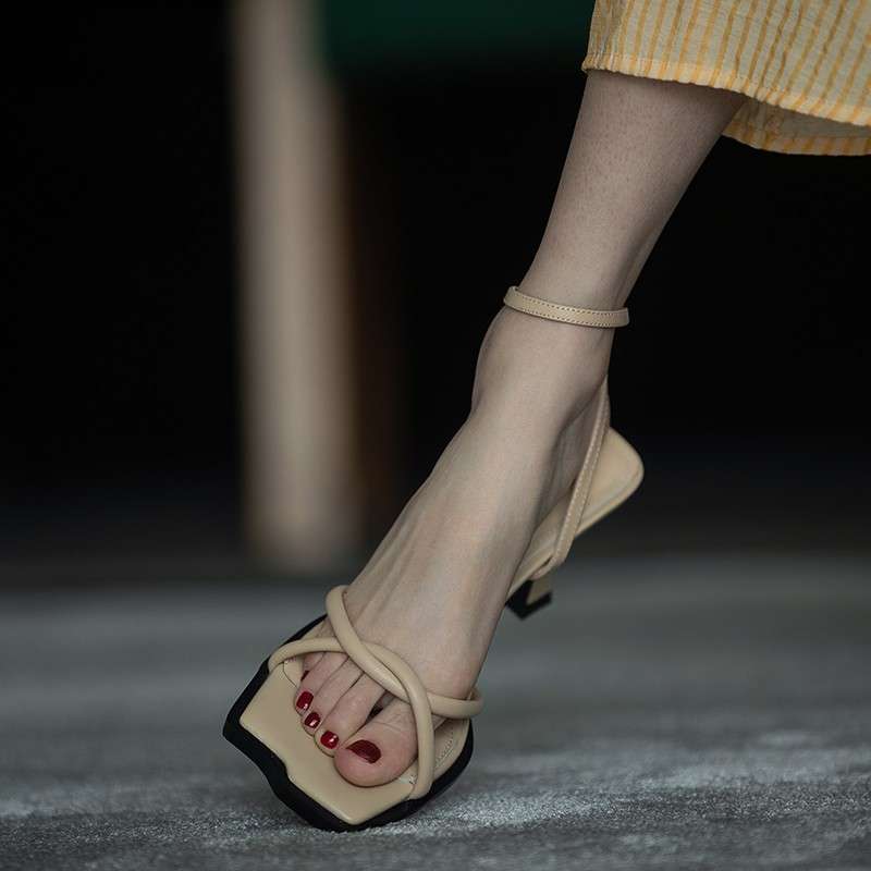 Slim heel sandals women's summer 2025 irregular square head soft sole crossed thin strap open toe one-word strap high heels
